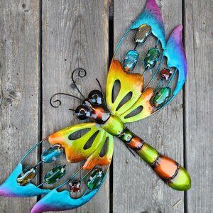 Iridescent Metal Dragonfly With Glass Embellishment Wall Hanging 19" H